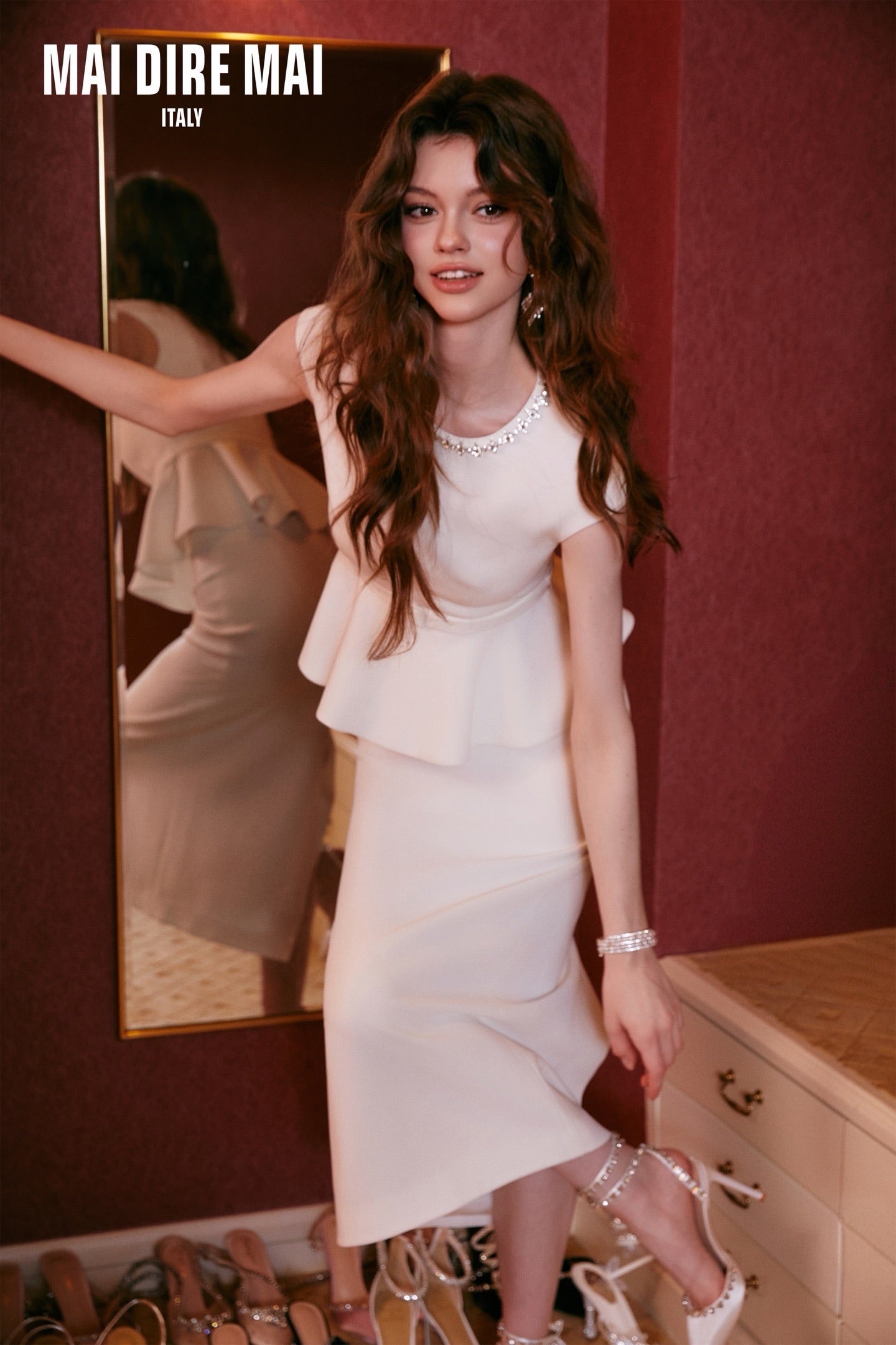 MAI DIRE MAI Sweet Elegant White Office Lady Top Skirt Set