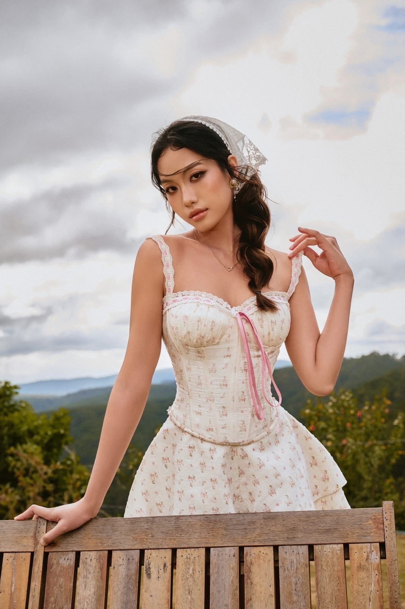 SISSY NATION Sweet Elegant Fairycore Cream Violet Corset Top & Skirt Set