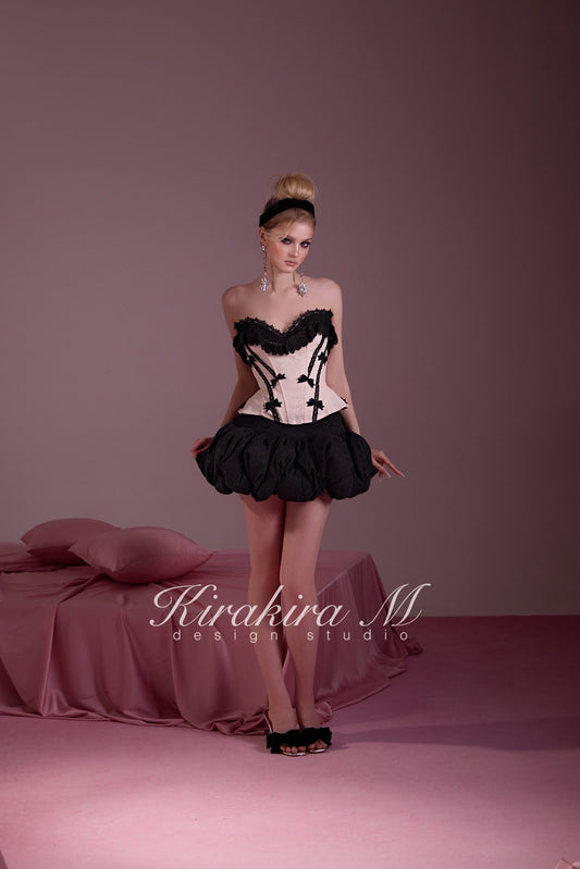 KIRAKIRA M Pink Cinched Waist Drawstring Top & Black Knitted Low-Waisted Bubble Skirt