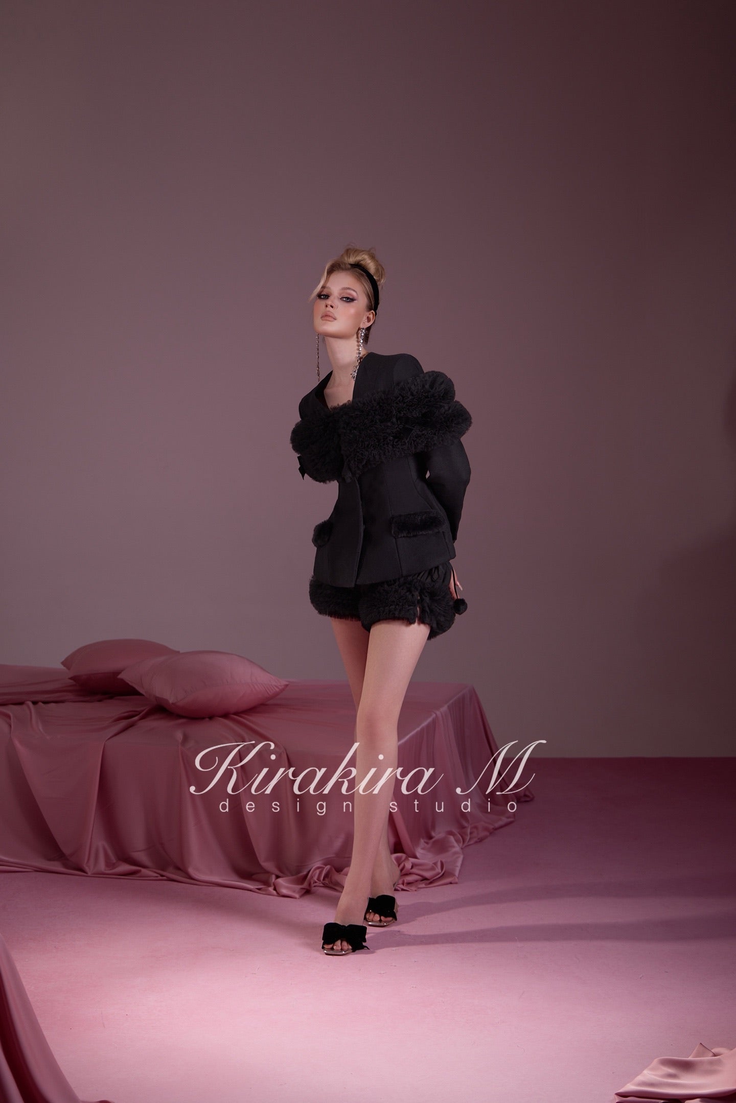 KIRAKIRA M Black Wool V-Neck Fitted Jacket & Low-Waisted Bell-Bottom Shorts