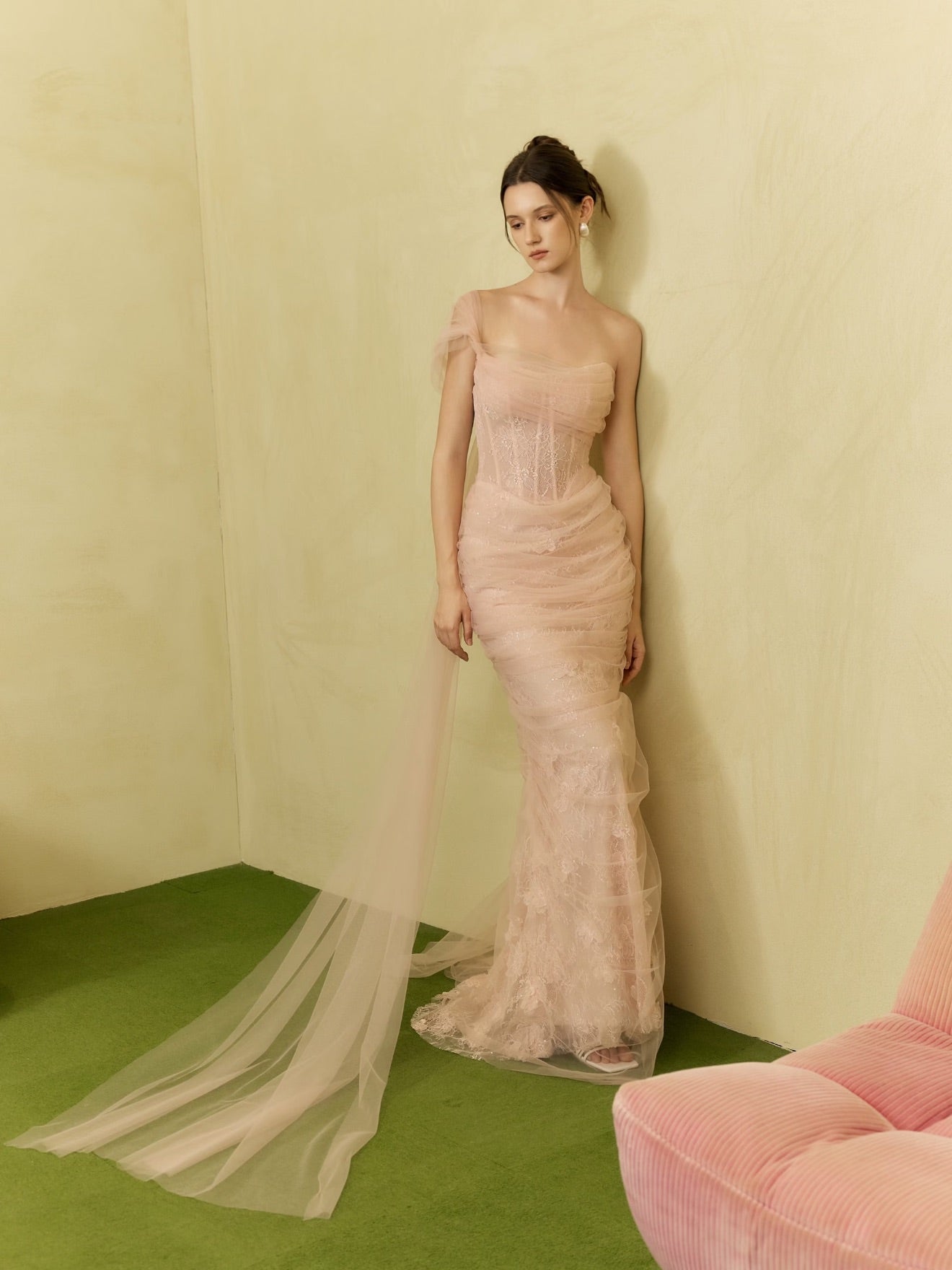 AMUSEE MOI WEEKEND Elegant Formal Pink Dawn Rose Maxi Dress
