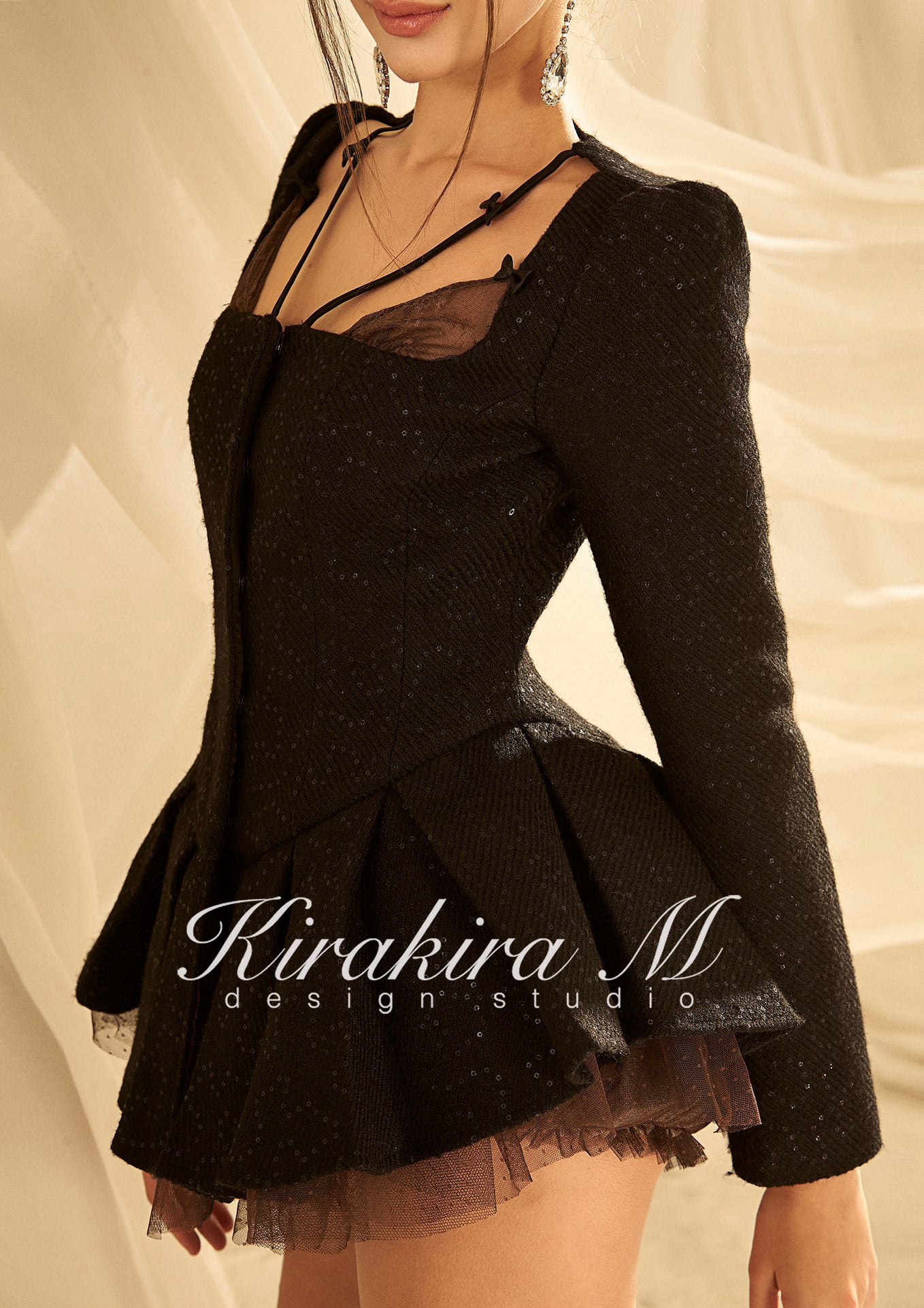 KIRAKIRA M "Milkyway" Black glitter tweed mini dress (undie included)