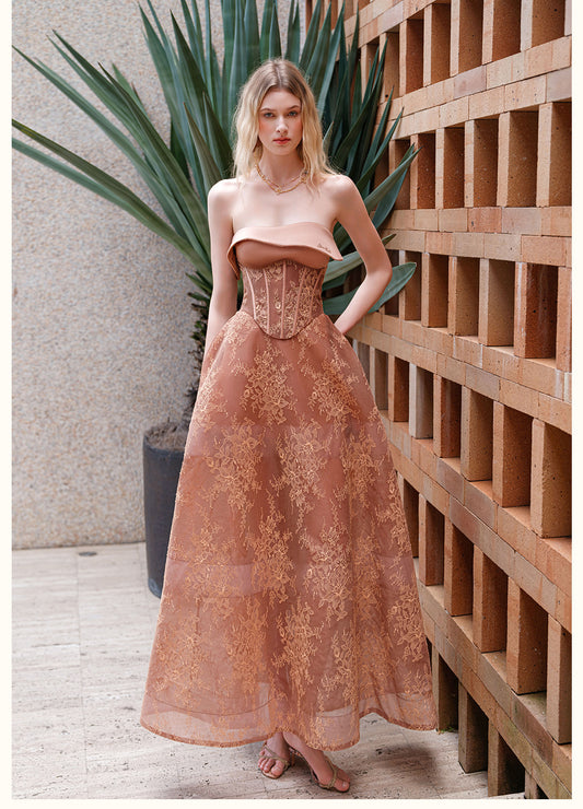 Sheerluck Elegant Vacation Brown Serenata French-collar Strapless Mini Dress & Tulle Maxi Dress