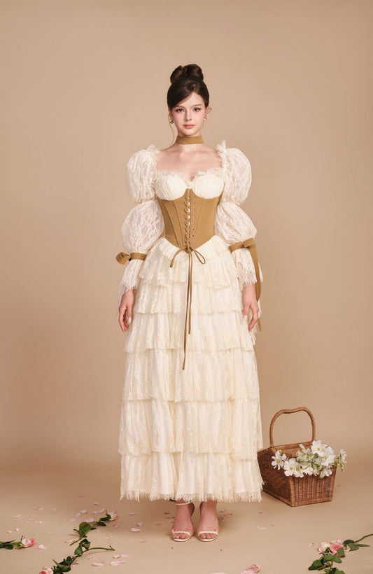 SISSY NATION Sweet Elegant Fairycore Cream Brown Coco Mademoiselle Corset Maxi Dress Set