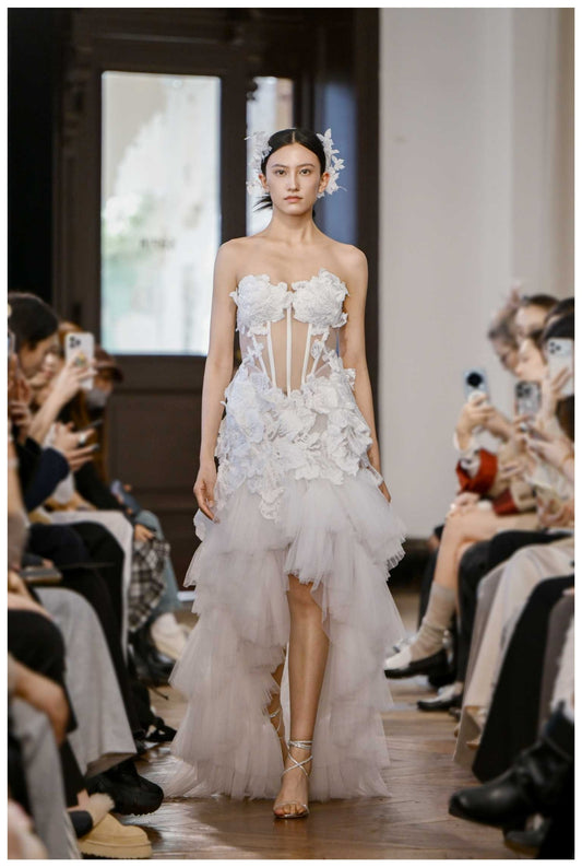 White Strapless 3D Floral Lace Sheer Corset Asymmetrical Tulle Maxi Dress
