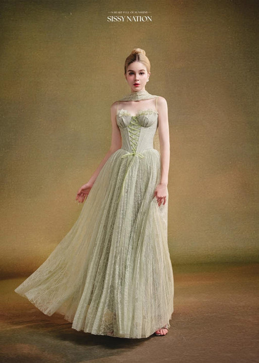 SISSY NATION Green Twilight Corset Pleated Maxi Dress