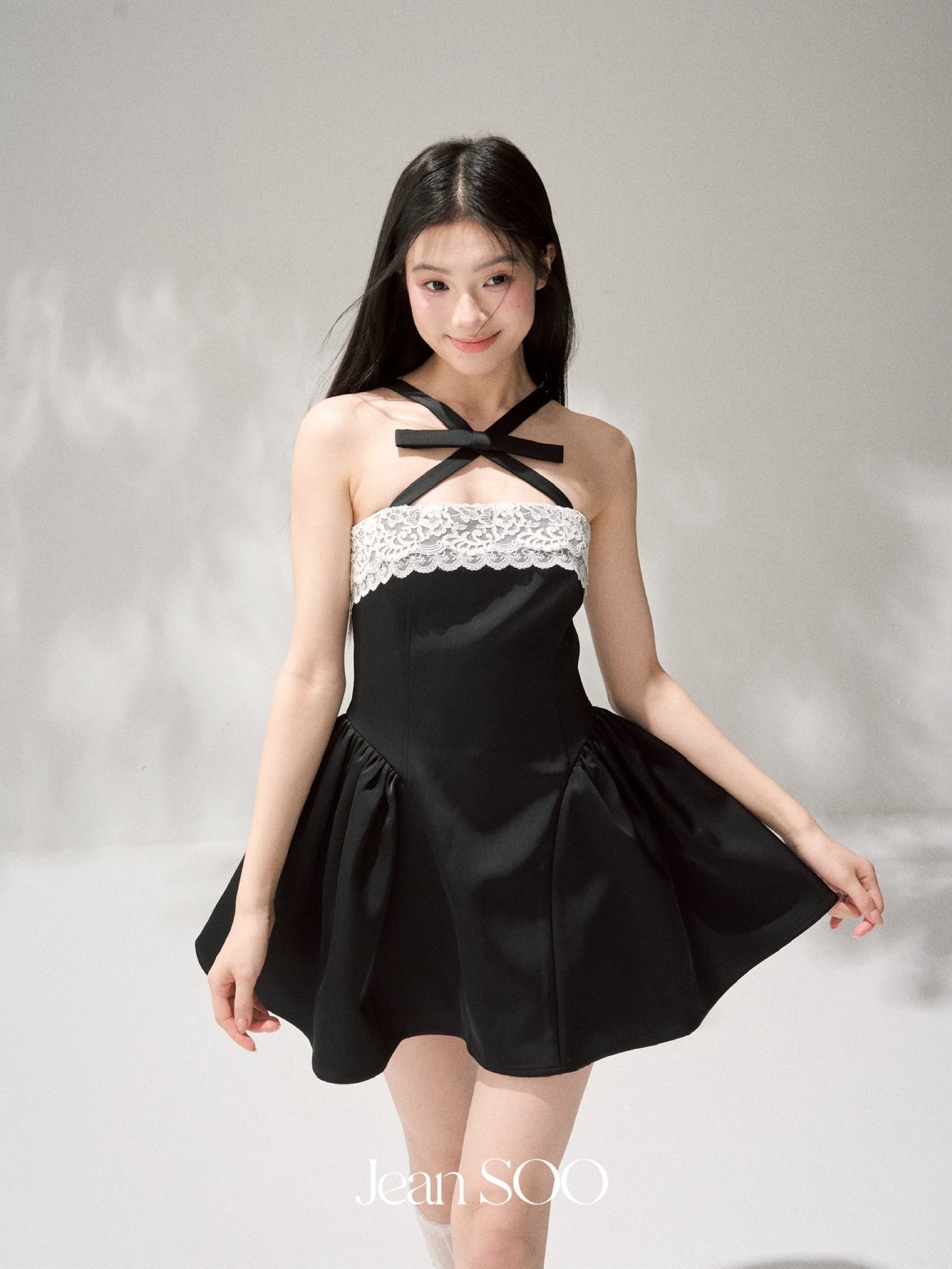 JEAN SOO Sweet Vacation Black Lace Bow Mini Dress