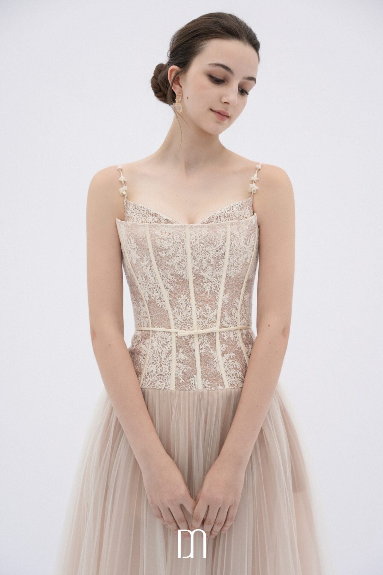 DENIOVN Elegant Fairycore Cream Alizea Corset Tulle Midi Dress