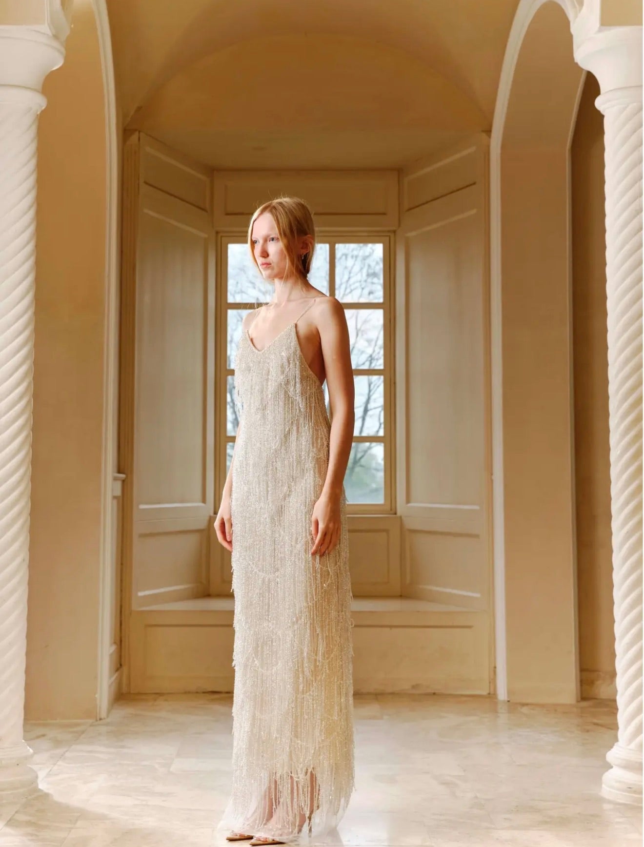 XIANGQIAOSHENG White Krystal Maxi Dress