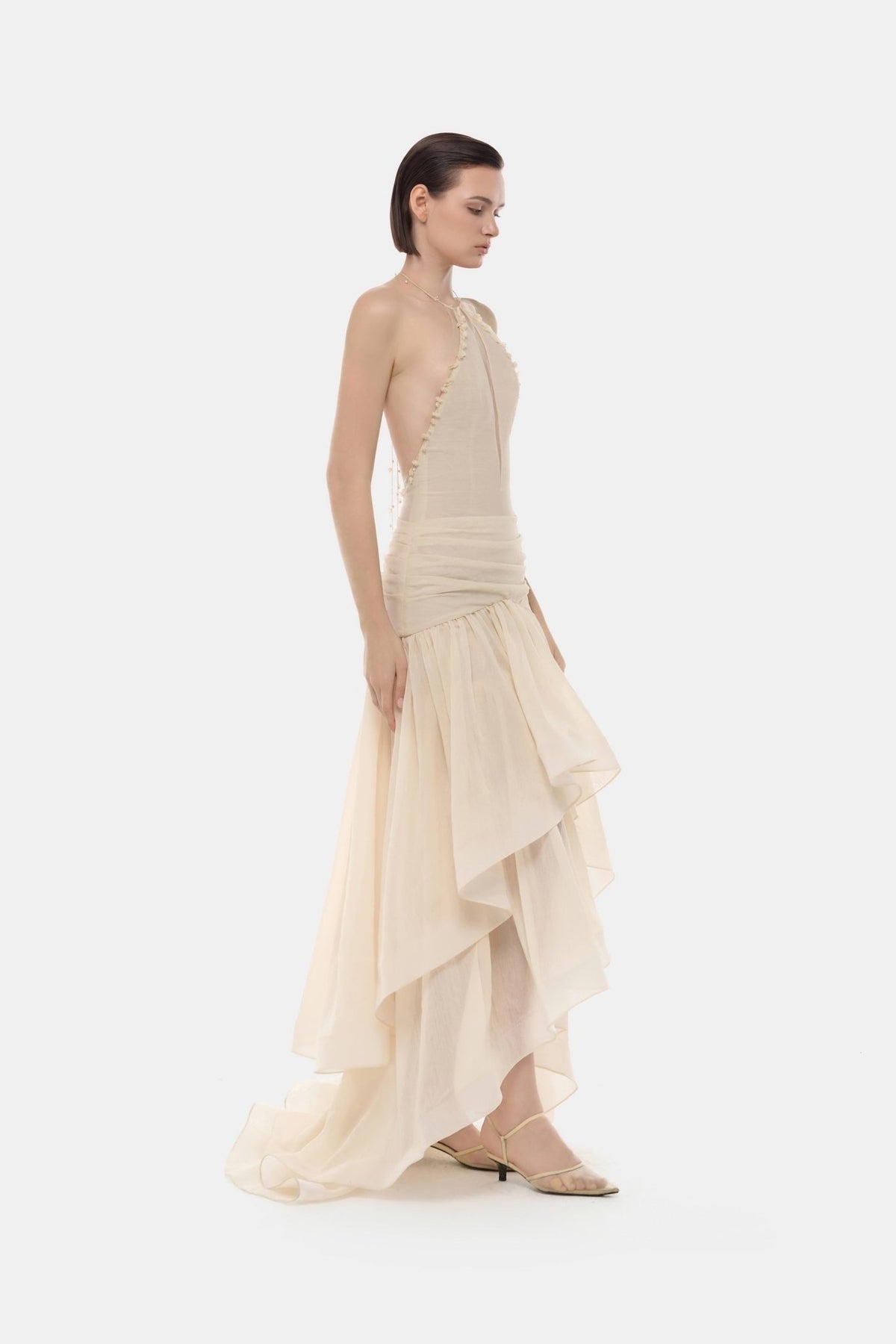 MONTSAND Cream Vacation Elegant Cut-out Halter Maxi Dress