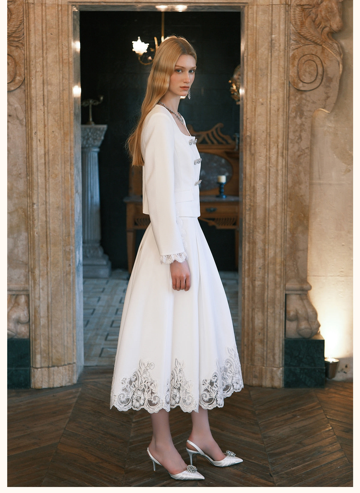 SHEERLUCK Black Mirage Vintage Stand Collar Lace & Diamond-embellished Jacket & Skirt