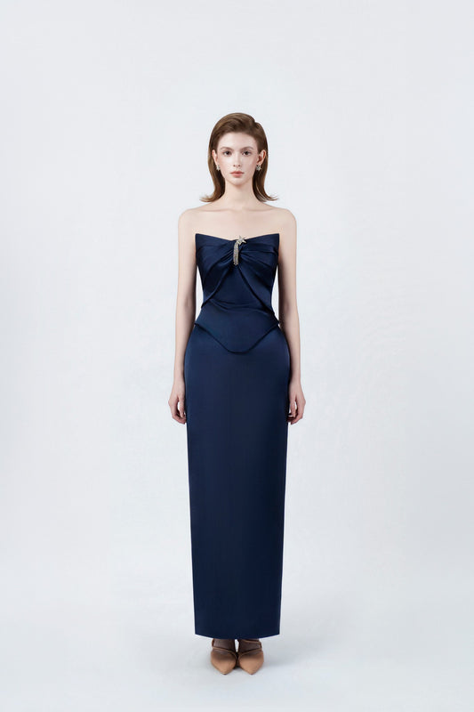DETHEIA Blue Satin Cassiopeia Maxi Dress