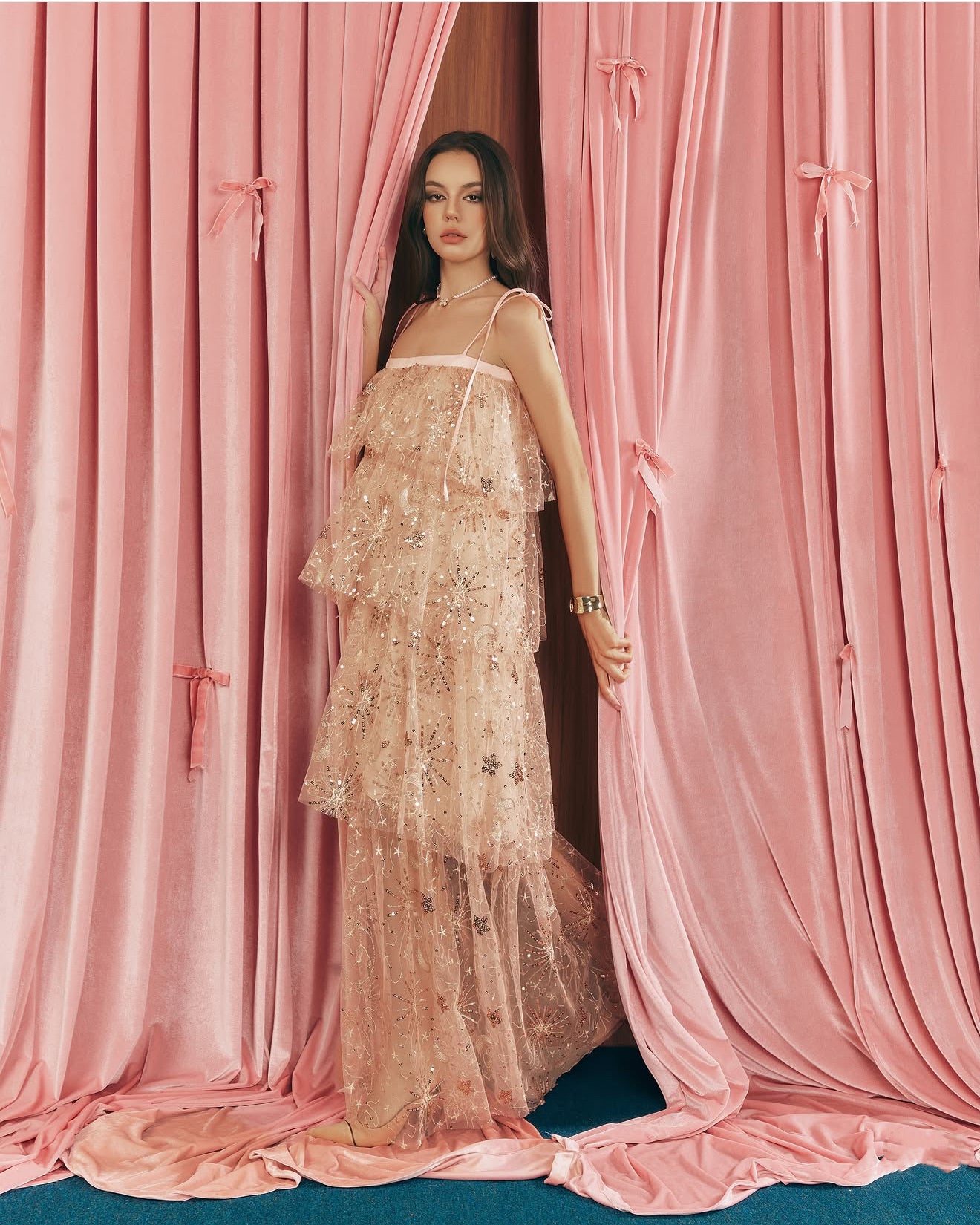 KATHY ATELIER Elegant Vacation Nude  Maxi Dress
