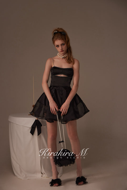 Kirakira M Black Rhinestone Hollow Out Top &Tulle Skirt