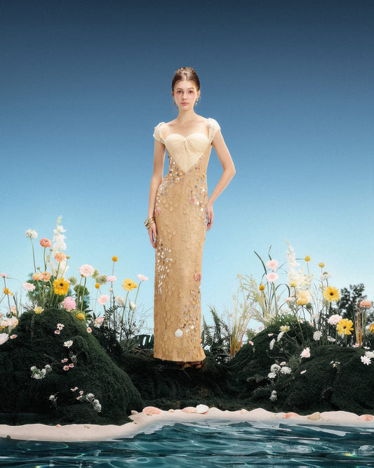 LINH PHUNG Elegant Fairycore Nude Shelly Maxi Dress