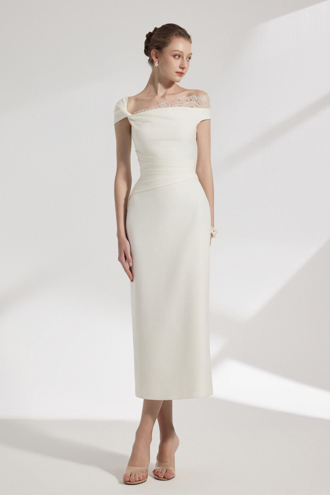 White Elysian Lace Asymmetric Midi Dress