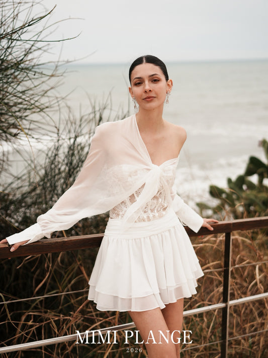 MIMI PLANGE Vacation Sweet White French-style Embossed Lace Fishbone Top & Skirt & Airy Shirt