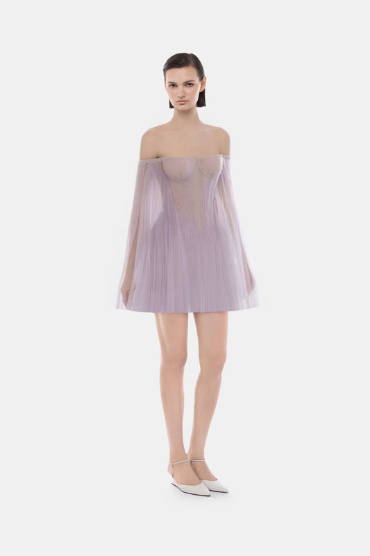 MONTSAND Purple Elegant Vacation Tulle Off-shoulder Mini Dress
