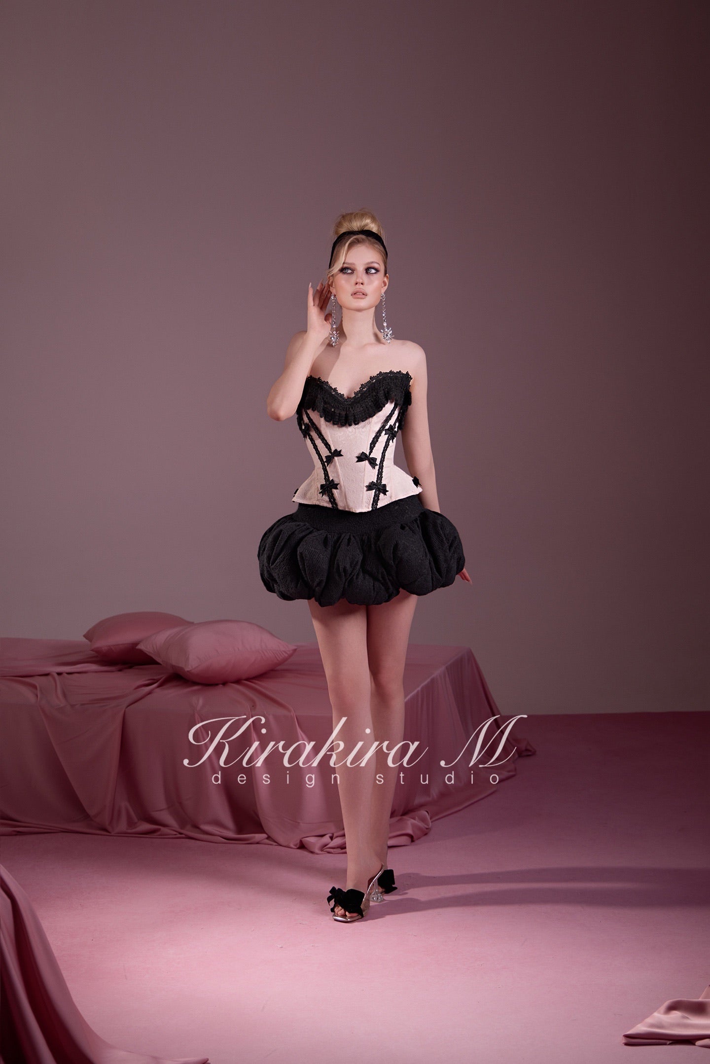 KIRAKIRA M Pink Cinched Waist Drawstring Top & Black Knitted Low-Waisted Bubble Skirt