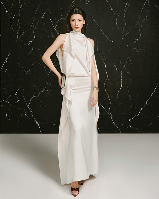 LANE JT Elegant Minimalist White Astra Backless Silk Maxi Dress