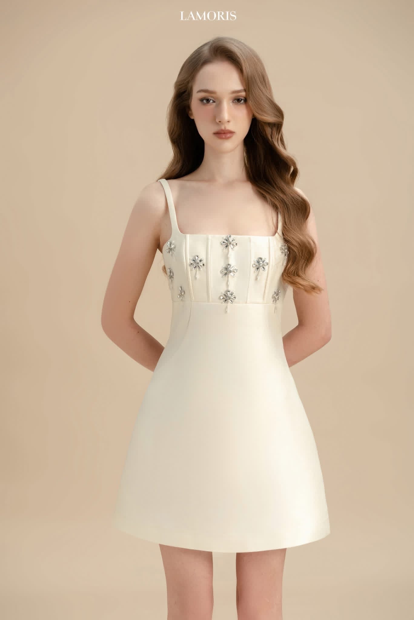 LAMORIS White Pearl Stones Mini Dress