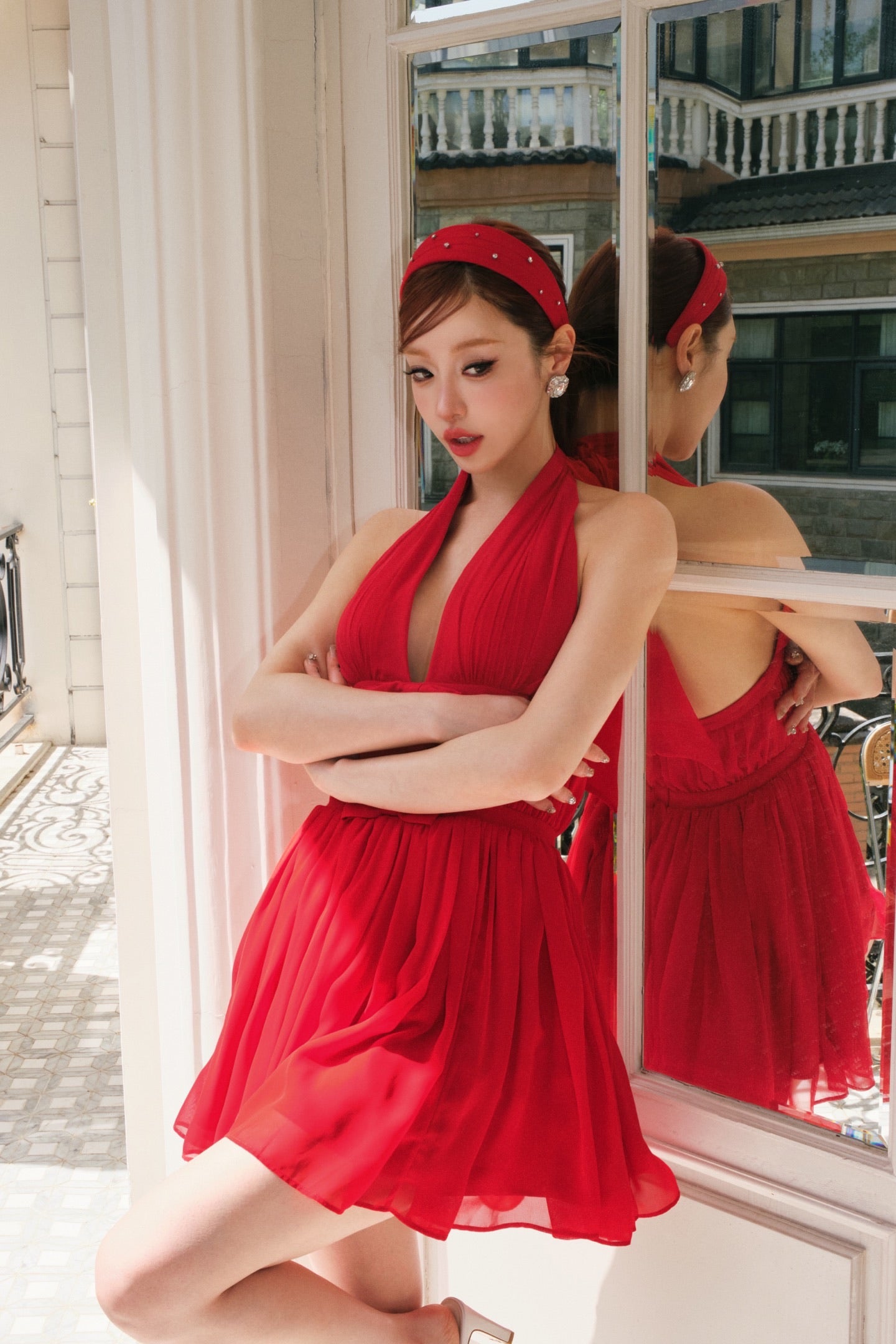 MASION WESTER Red V-neck Mini Dress