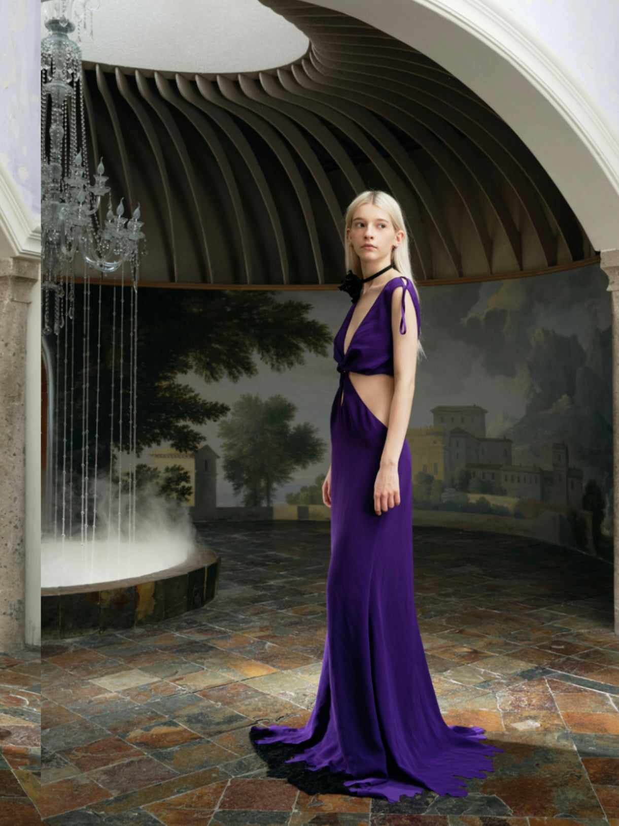 XIANGQIAO SHENG purple dress with petal hem maxi dress & black iris necklace