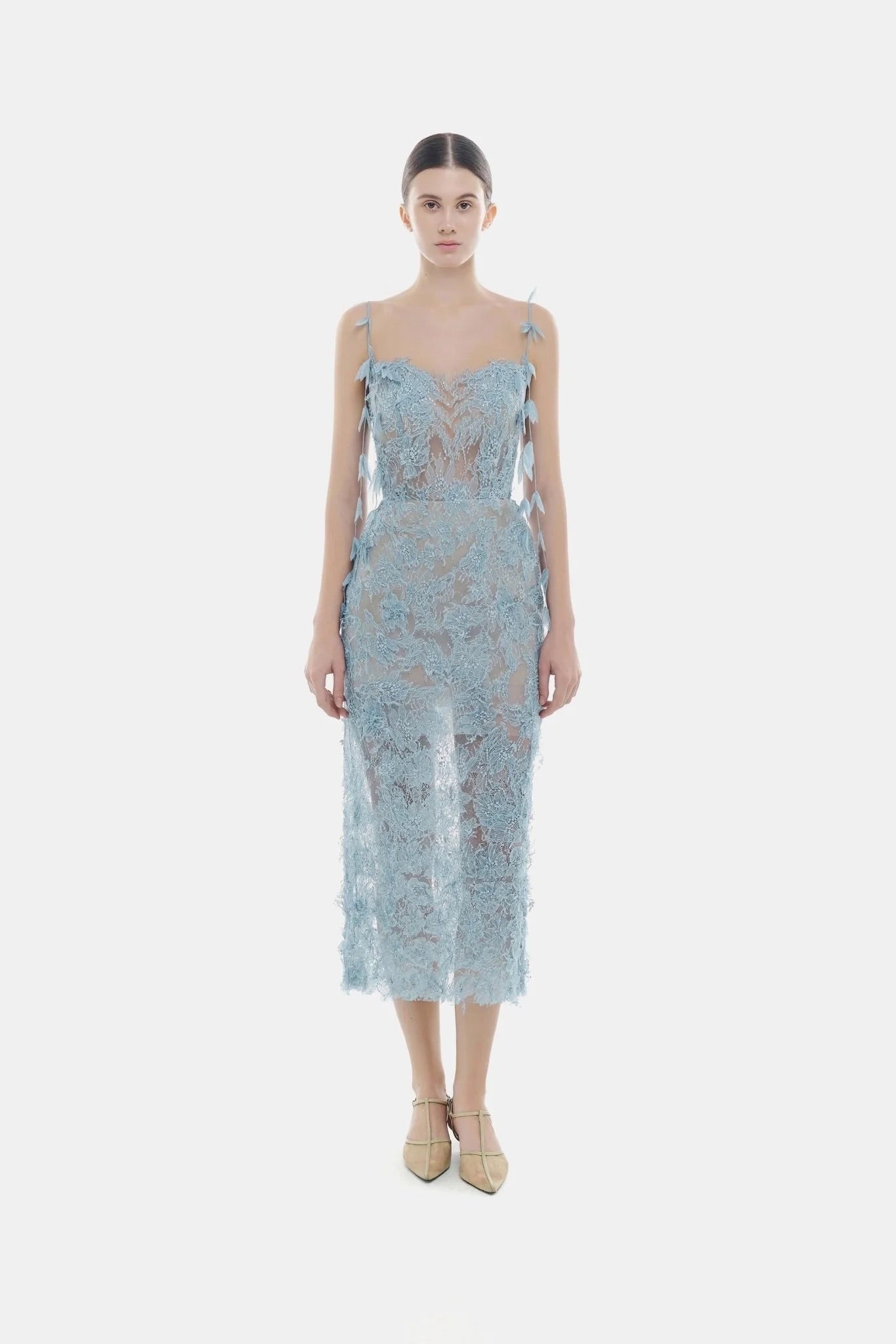 MONTSAND Blue Beaded Lace Pencil Dress