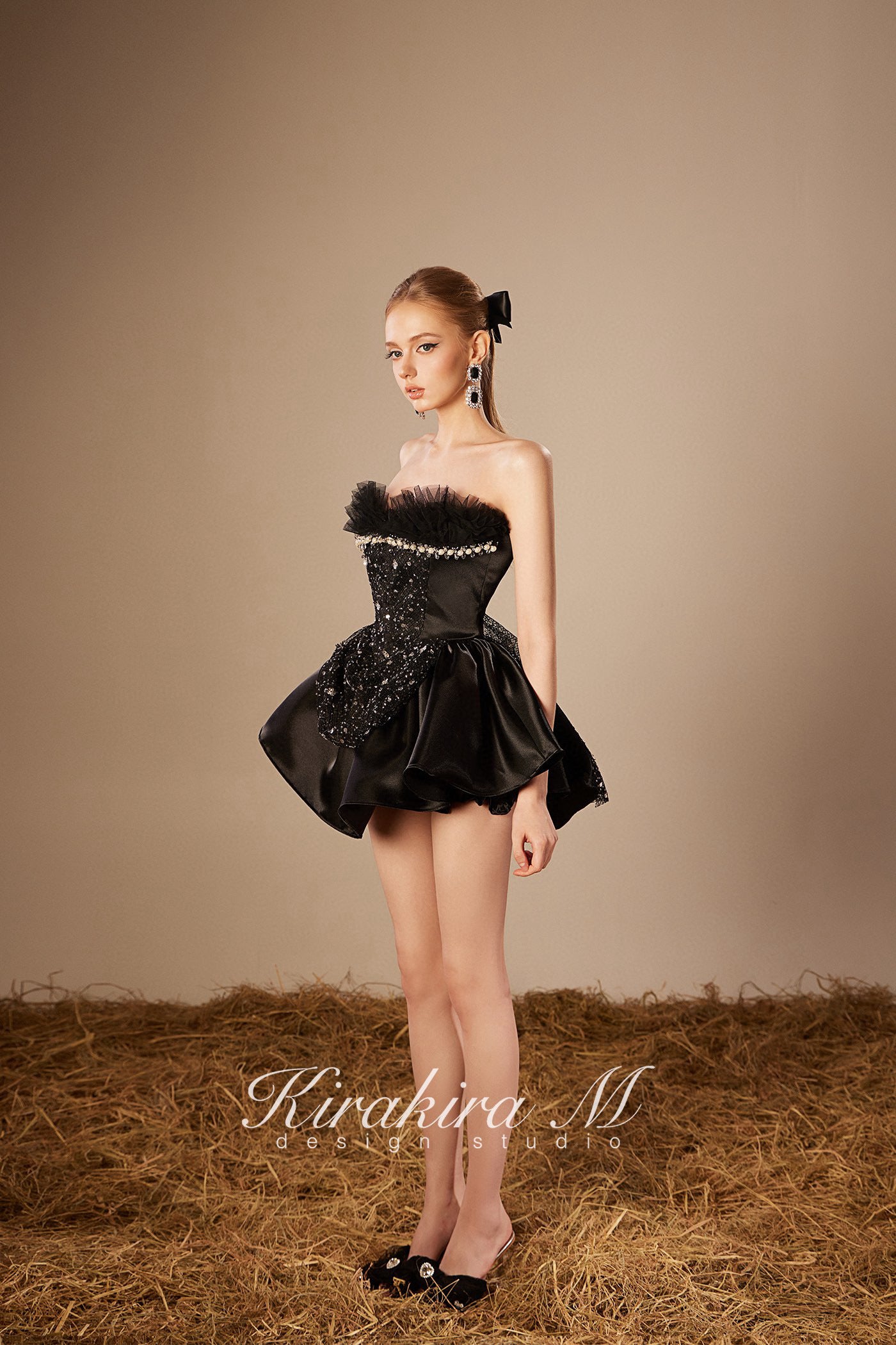 KIRAKIRA M Black Sheath Beaded Princess Mini Dress (Free Pumpkin Pants + Bow Hair Accessories)