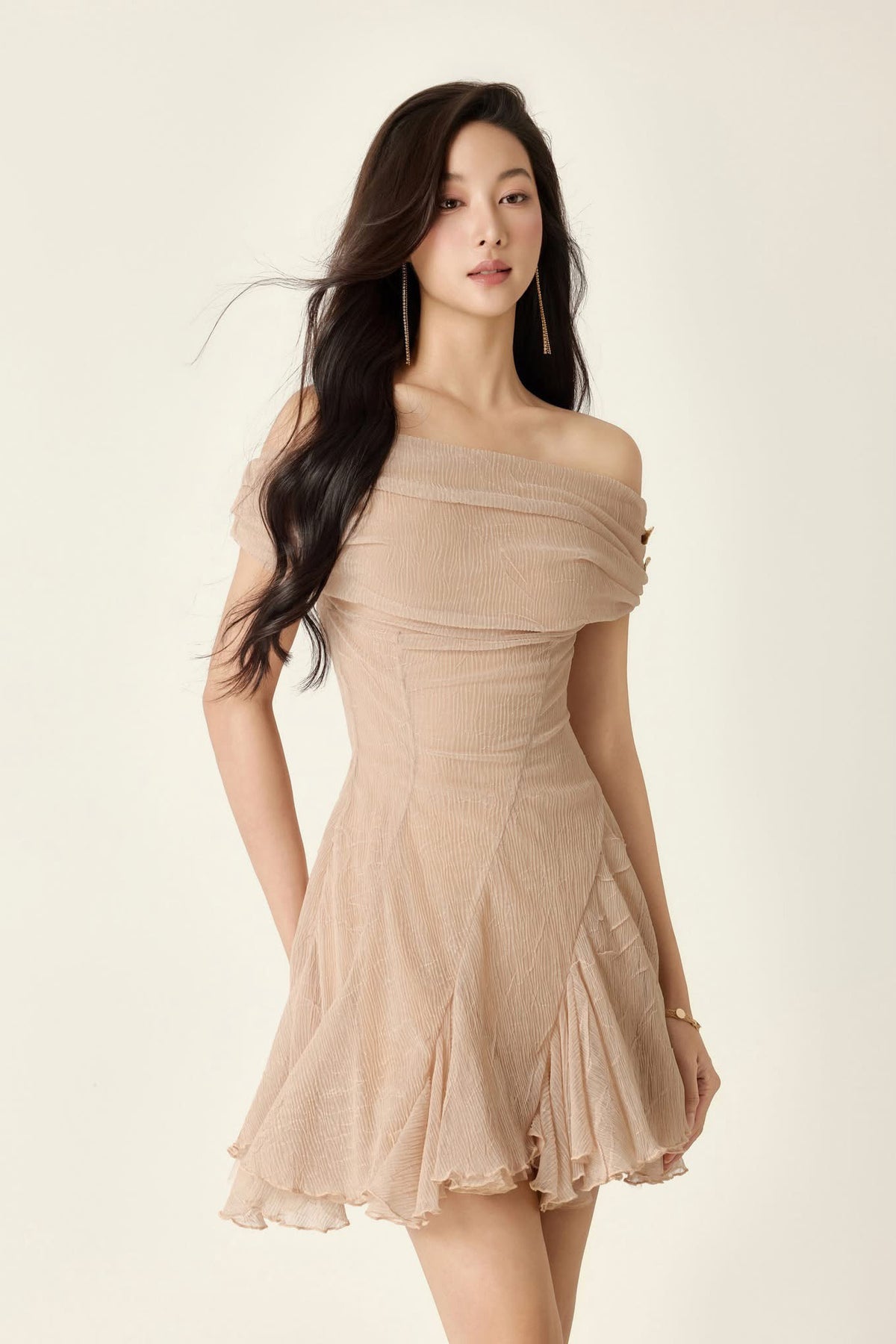 Nude Off-shoulder Mini Dress