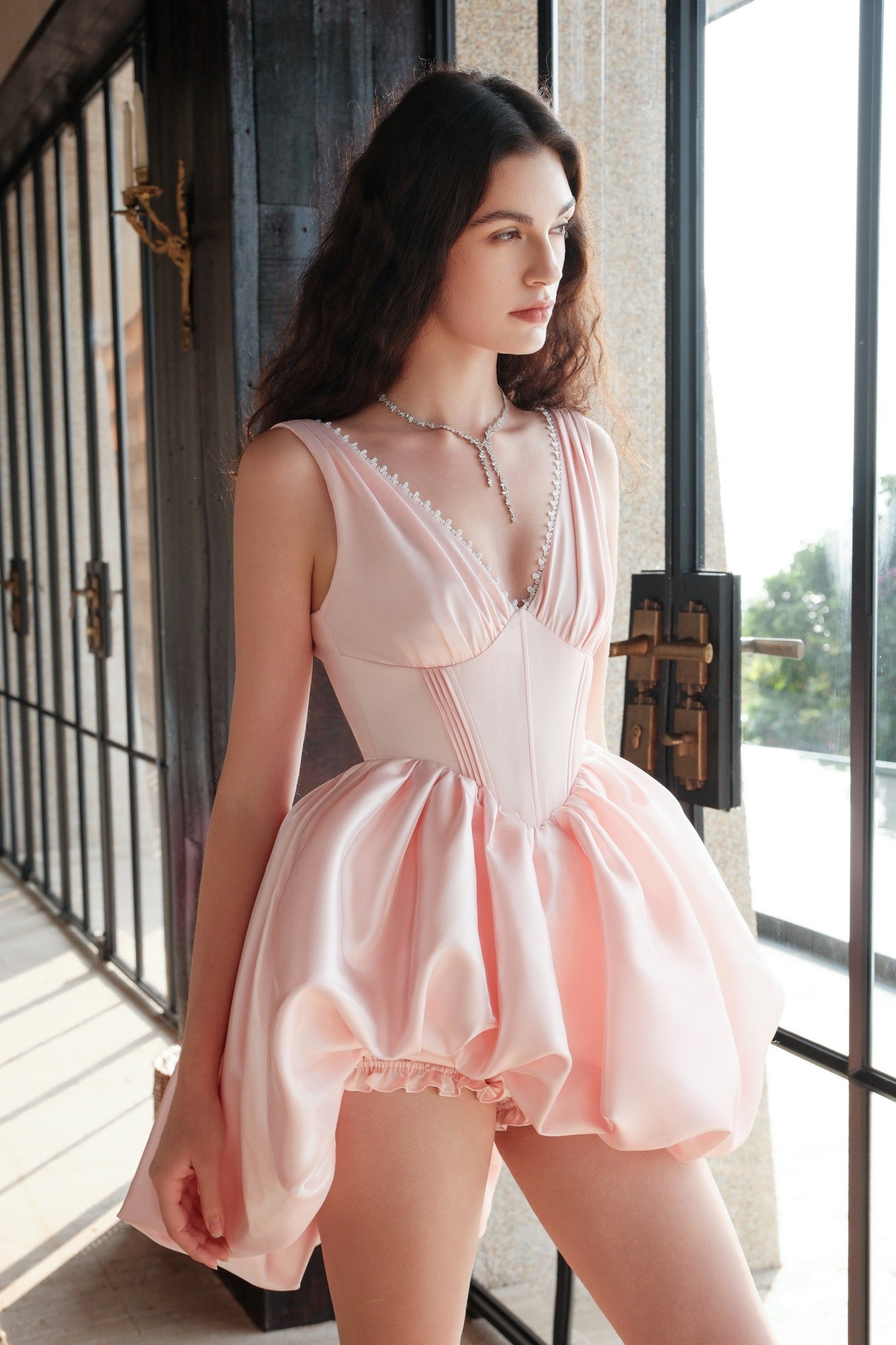 Red Satin Corset Asymmetric Bubble Hem Mini Dress