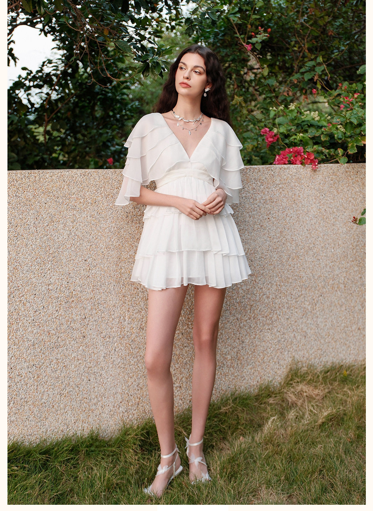 SHEERLUCK Pink Levette V-neck Vacation Mini Dress