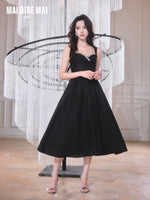 Black Heart Neck Rhinestone Wide Strap Swing Evening Midi Dress