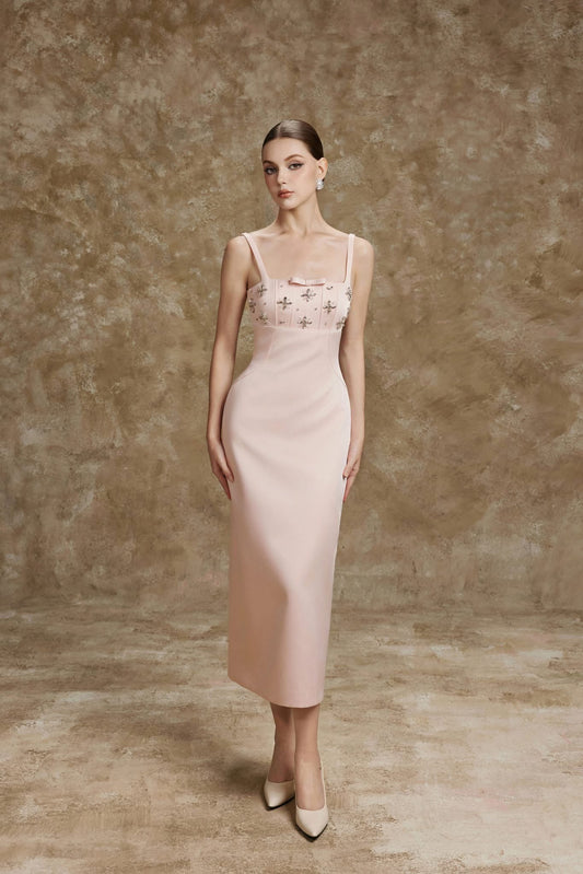 Pink Corset Crystal-Flower Pencil Victorial Midi Dress