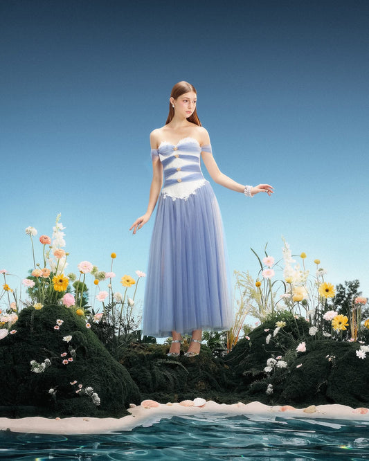 LINH PHUNG Elegant Fairycore Blue Mulusine Midi Dress