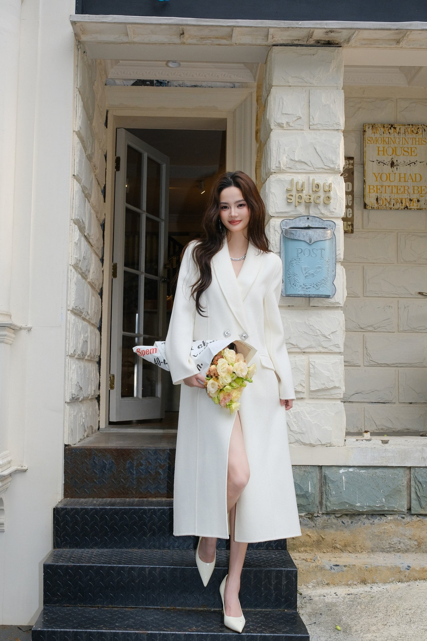 Maison Wester White Diamond Double-Peaked Tweed Long Coat