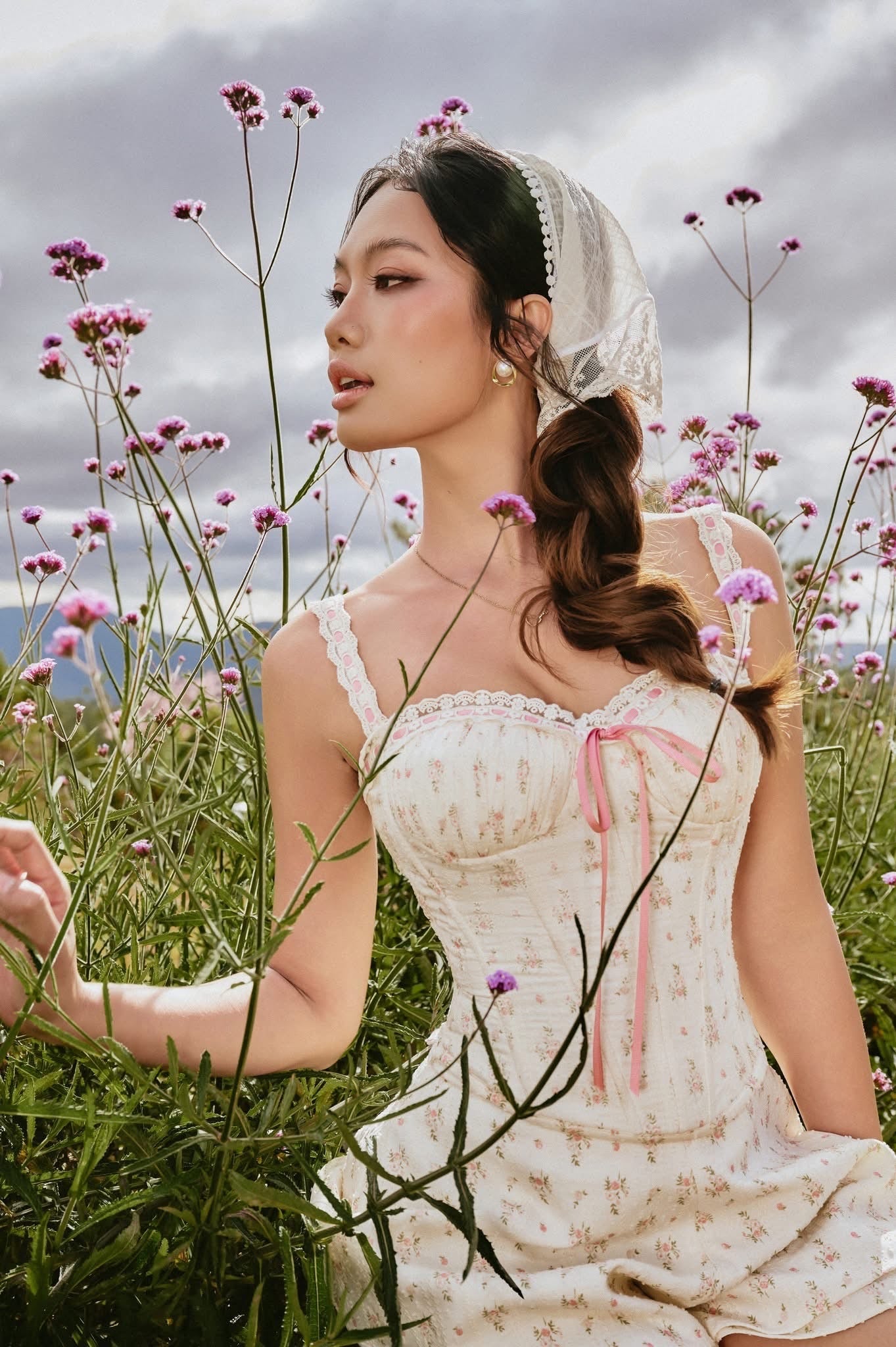 SISSY NATION Sweet Elegant Fairycore Cream Violet Corset Top & Skirt Set