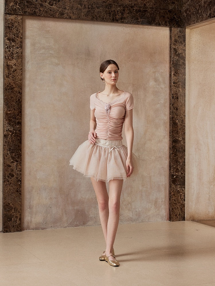 Fa sogno Pink Rose Top with Fishbone & Mini Skirt