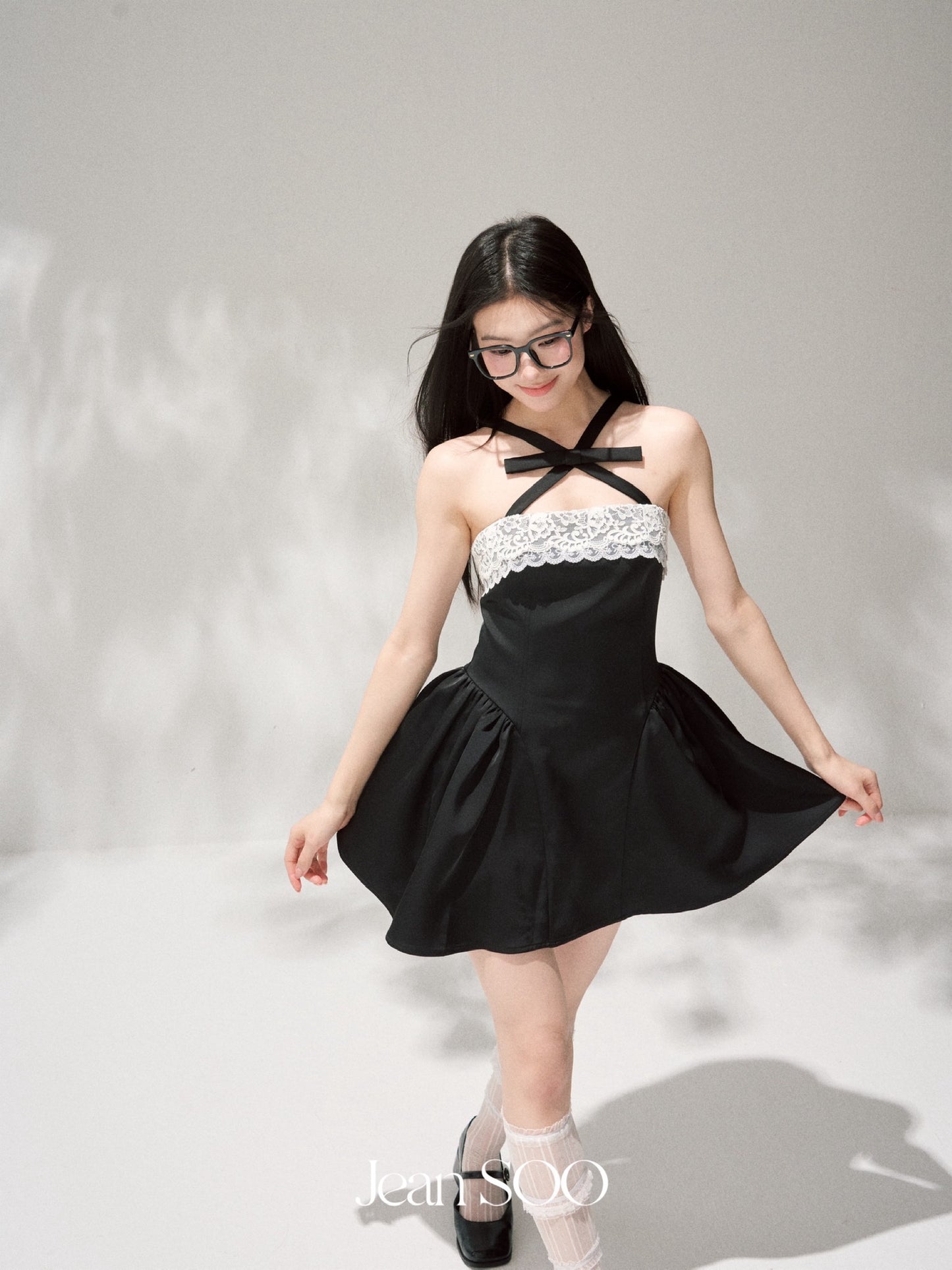 JEAN SOO Sweet Vacation Black Lace Bow Mini Dress