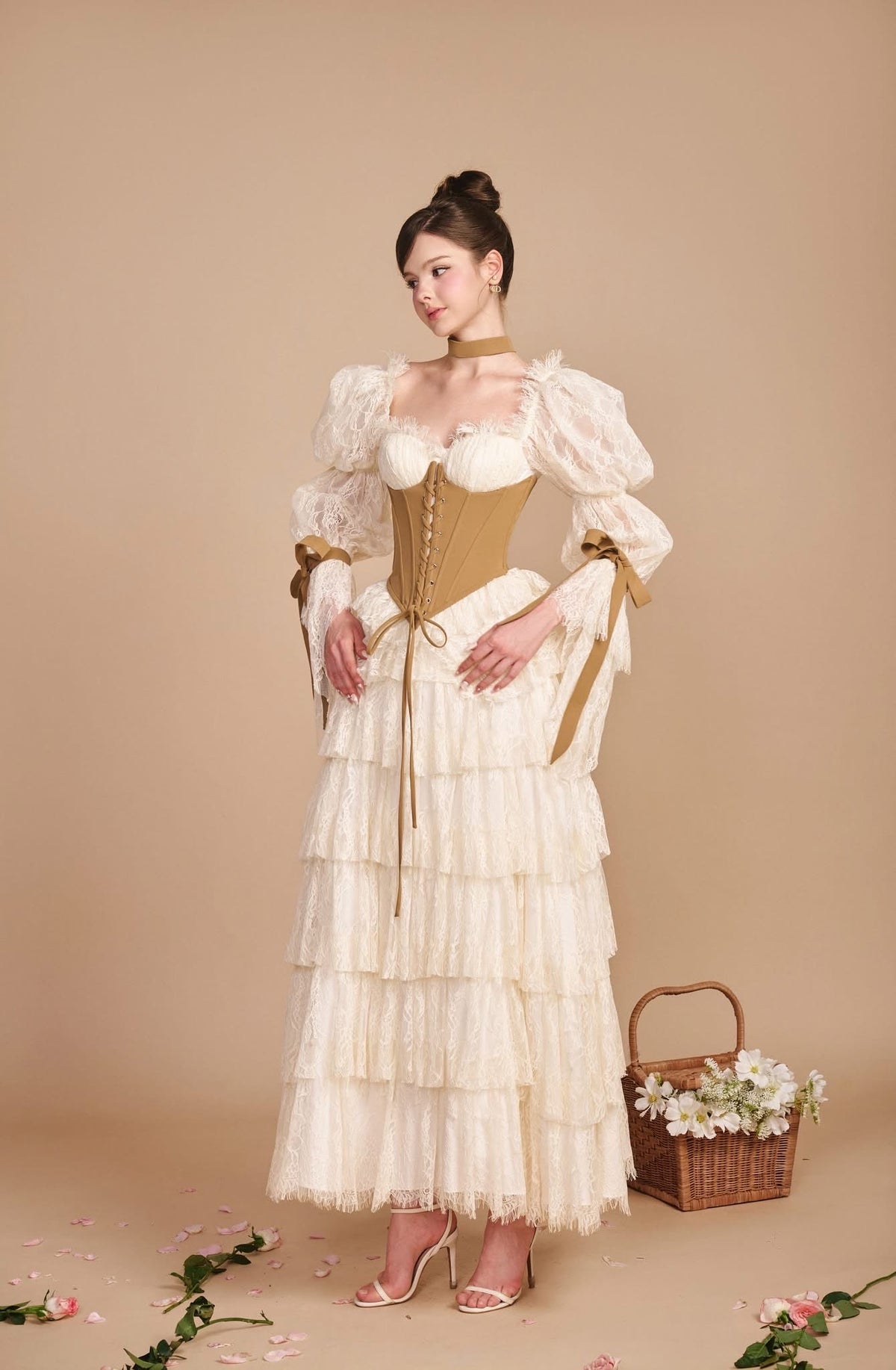 Cream Brown Coco Mademoiselle Corset Maxi Dress Set