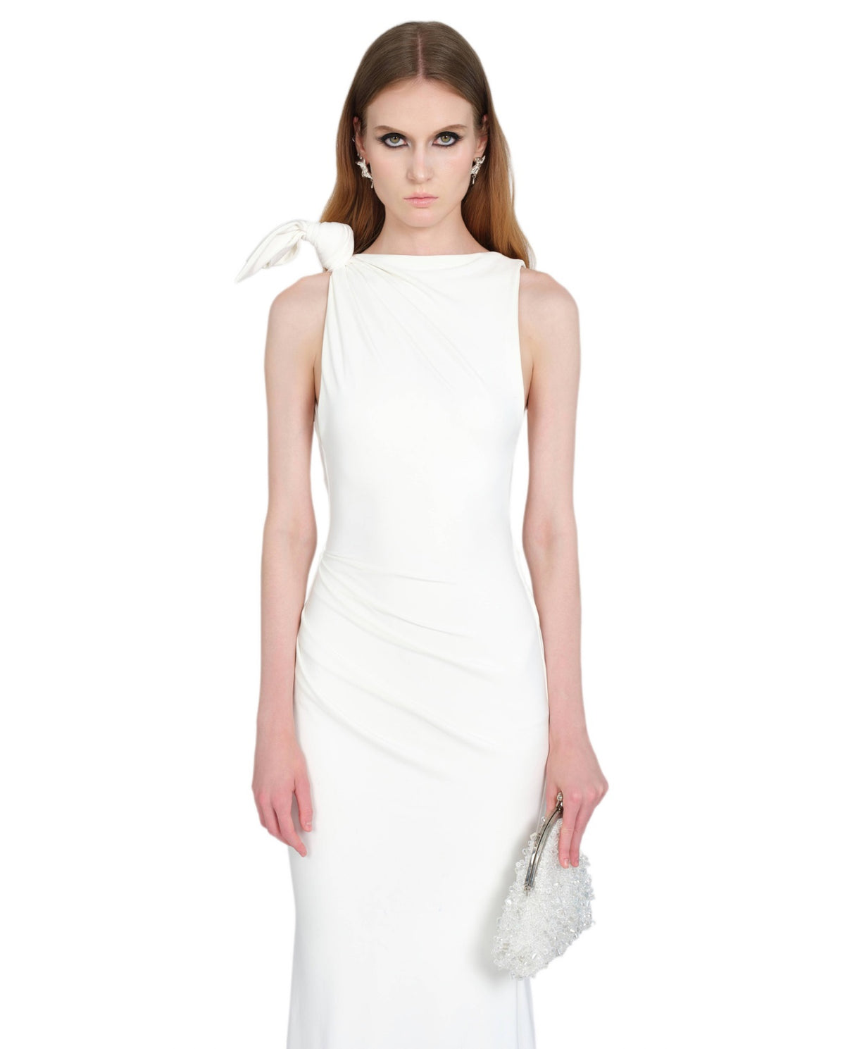 White Sleeveless Asymmetric Shoulder-Knot Draped Fitted Tya Maxi Dress