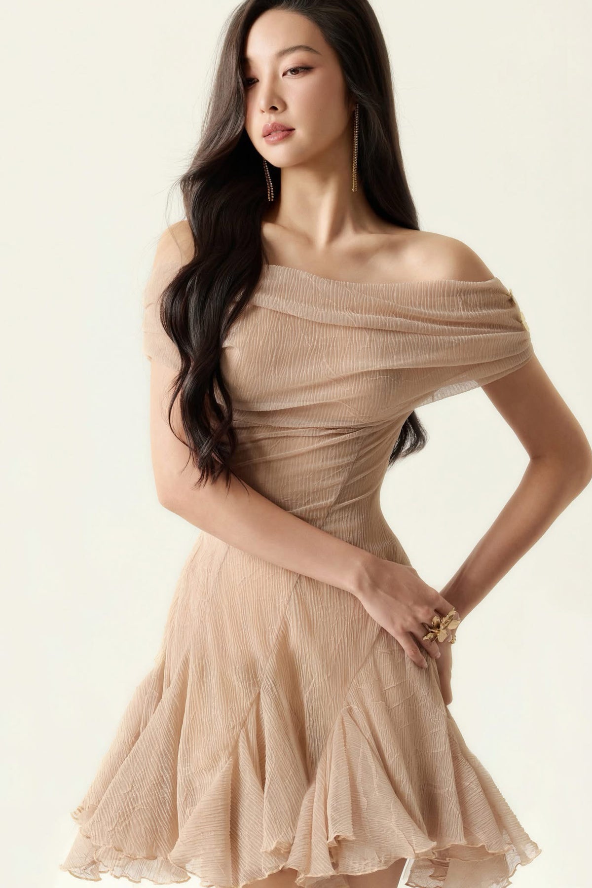 Nude Off-shoulder Mini Dress