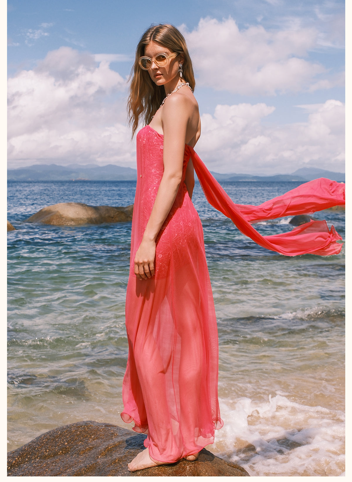 SHEERLUCK BRIGHT PINK MAXI VACATION DRESS