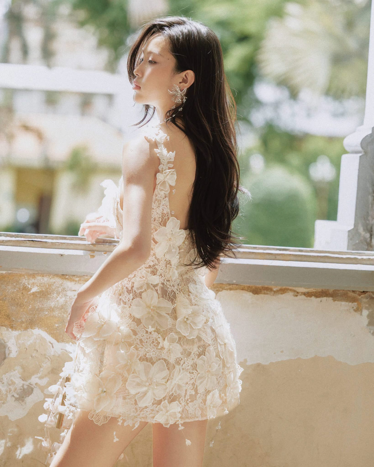 White 3D Floral Lace Pearl Rhinestone Sheer Spaghetti-Strap Brielle Mini Dress