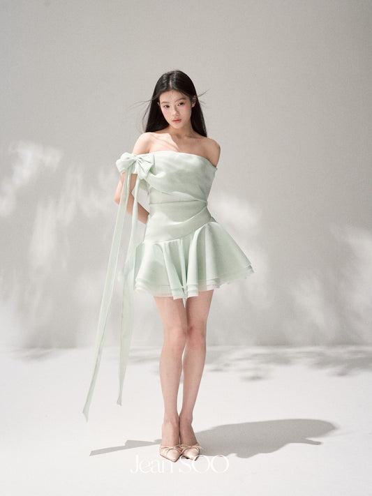 JEAN SOO Sweet Vacation Green Satin Slopeing Shoulder Mini Dress