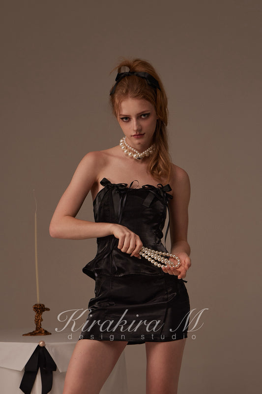 Kirakira M Black Glossy Bow Top & Low Waisted Wrap Hip Half Skirt