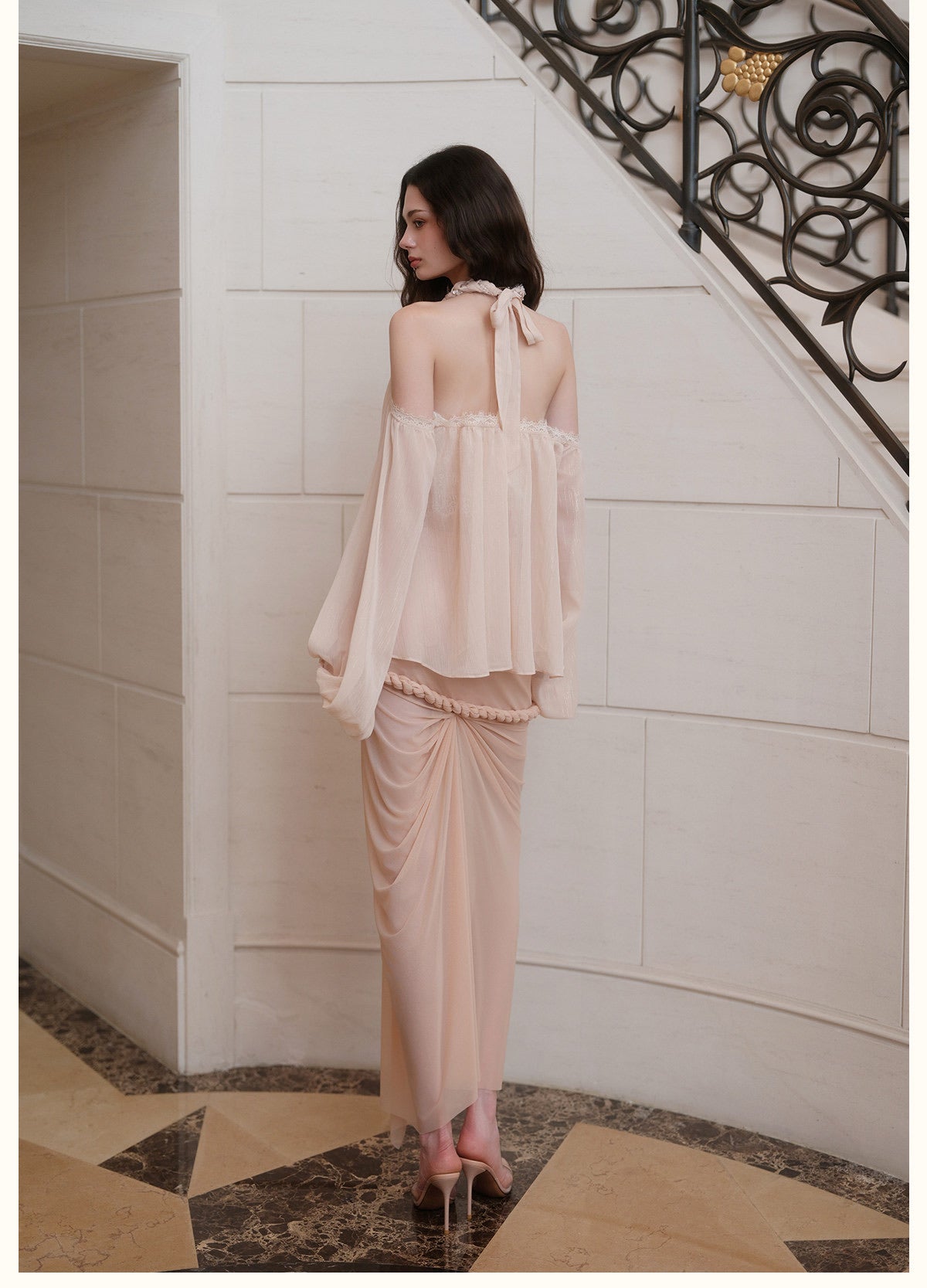 Cream Halter Off-Shoulder Lantern-Sleeve Metallic Shirt
