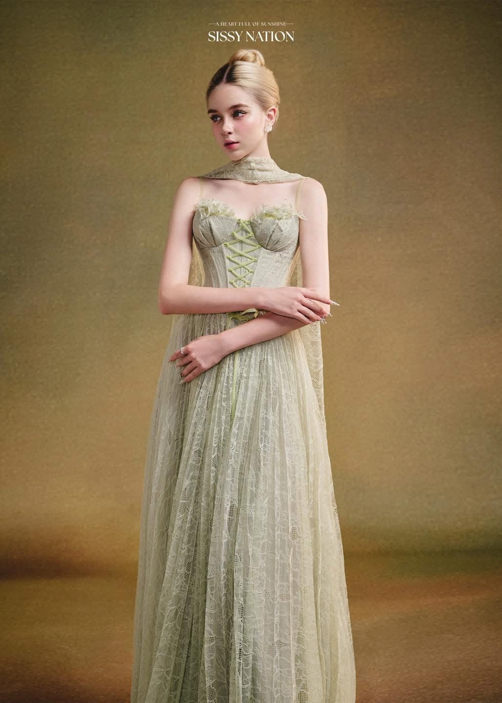 SISSY NATION Green Twilight Corset Pleated Maxi Dress