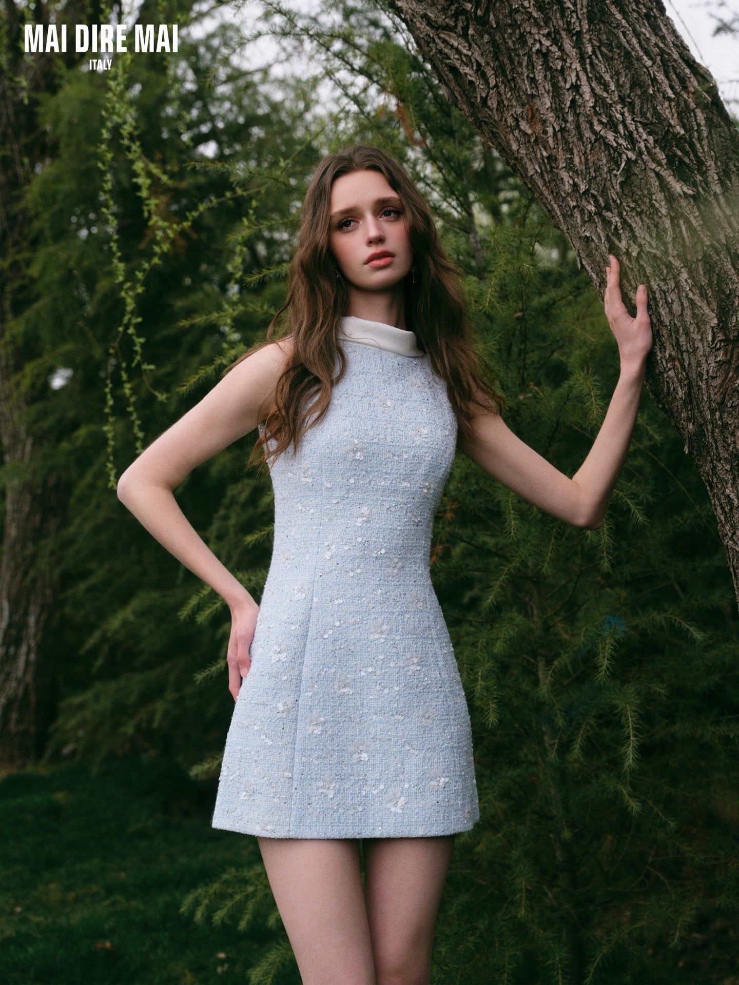 MAI DIRE MAI Sweet Elegant Blue High-neck Tweed Mini Dress