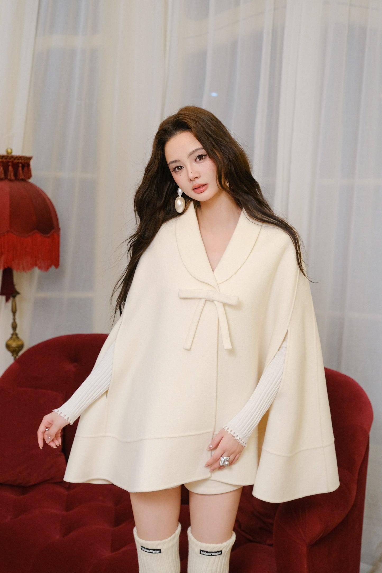 Maison Wester White Bow-Tie Fastened Tweed Cloak Coat